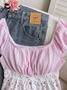Kids & Teen Girls' Cute Pink Summer Vacation Ditsy Floral Lace Mesh Puff Short Sleeve Blouse,Deep Square Neck Textured Ruffle Fitted T-Shirt,Tea Party - Multicolor - View 6