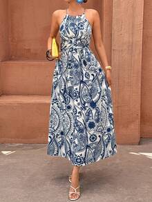 SHEIN LUNE Gaun Maxi A-Line Wanita Elegan Model Halter Neck, Bahu Terbuka, Pinggang Berputar, Motif Colorblock Asimetris untuk Musim Semi/Panas - Biru - View 6