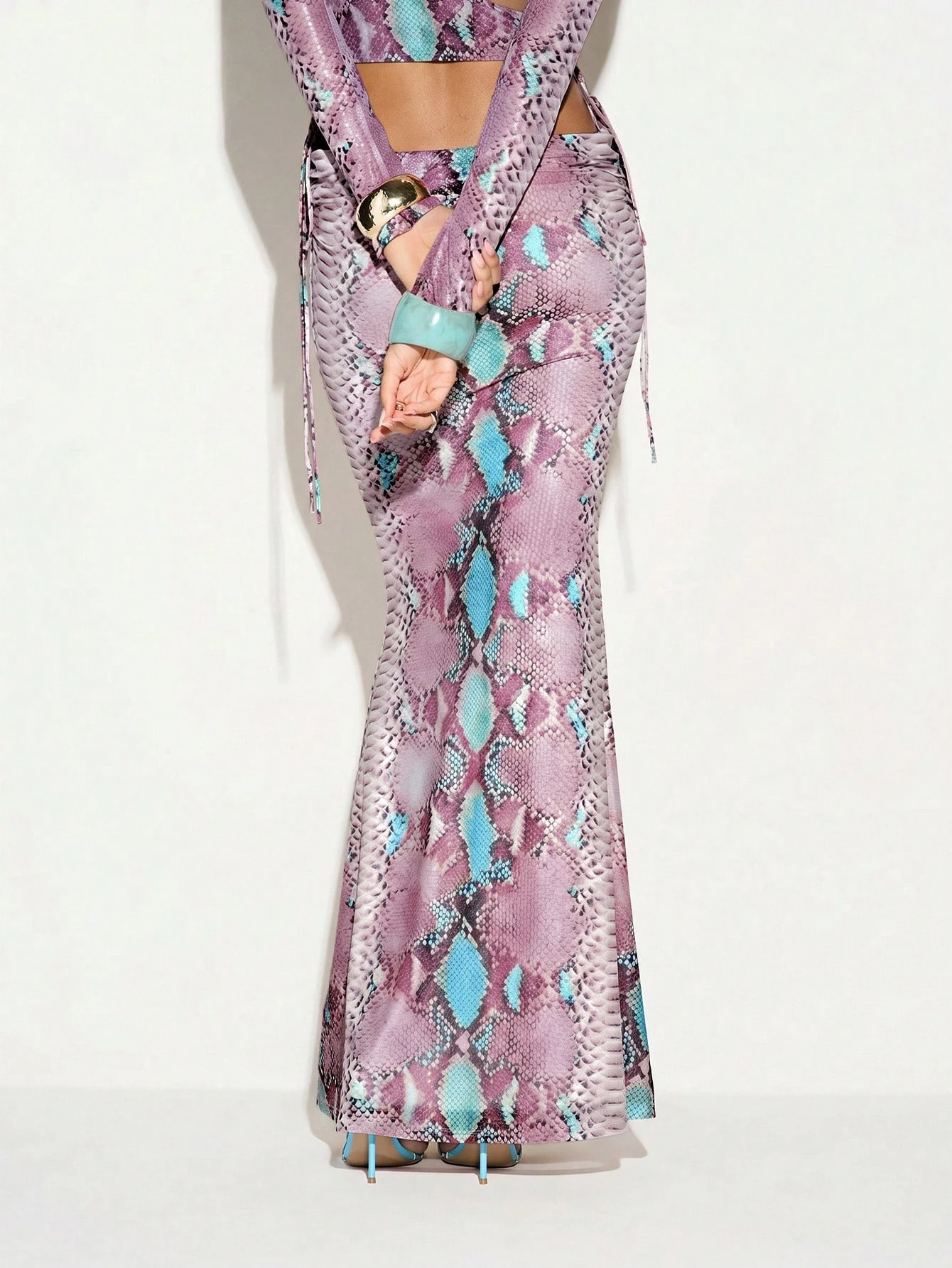 Snake Print Mesh Maxi Skirt With Ties