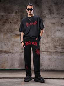Skyrend Loose Men's Letter Graphic Drawstring Waist Slant Pocket Sweatpants Goth Pants, For Raveemo - Black - View 3