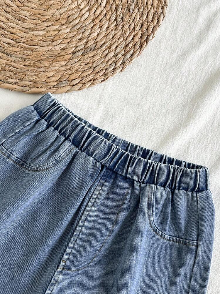 SHEIN Vintaside Kids 女童夏季圆领无袖简约休闲百搭背心搭配时尚百搭休闲水洗牛仔短裤套装，适合旅行、度假或日常休闲参加家庭聚会。 - 杏色 - 查看 5