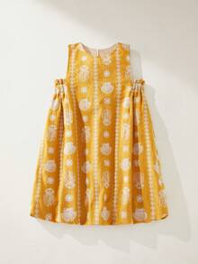 Maija Kids Maija Kids 一件儿童/少女优雅度假简约休闲时尚日常百搭黄色贝壳水母刺绣无袖荷叶边连衣裙，适合日常穿着、聚会、海滩旅行、度假、春夏季节。 - 黃色 - 查看 2