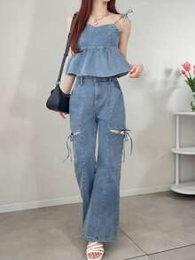 FRIFUL Conjunto casual de verano para mujer con camiseta de tirantes con volantes en el bajo y vaqueros desgastados - Azul - Ver 7