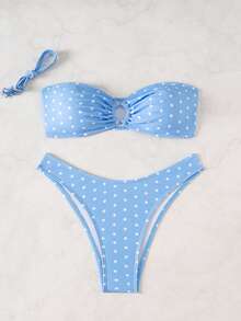 Swim Mod 女款夏季黑白圓點印花緊身性感沙灘兩件式比基尼泳衣 - 藍色 - 查看 3