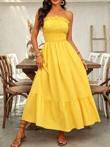 EMERY ROSE Vestido largo de mujer casual sin tirantes para verano y vacaciones con decoración de volantes sencillos - amarillo ganso - Ver 4