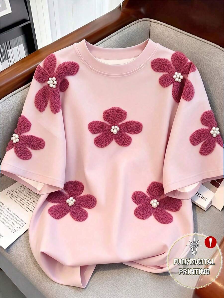 少女印花宽松休闲撞色条纹圆领短袖T恤，适合夏季、日常穿着、返校季、姐妹装、度假等场合。 - 白色 - 查看 1
