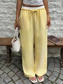 Sunnyshic SZ260501 条纹双腰带系带口袋女裤 - Butter Yellow - 查看 5