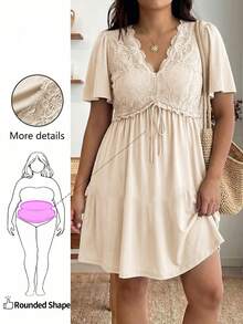Enliva Plus-Size Casual Solid Color Lace-Trimmed Mini Dress, Dark Green Women's Clothing, Olive Green Short-Sleeved Dress., For Apple And Rounded Body Shape - Apricot - View 1