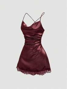 Sweetra Đầm ngắn phối ren satin mới, màu cà phê, thích hợp mặc đi dự tiệc, mùa xuân/hè. - Màu Đỏ Sâu - Xem 3