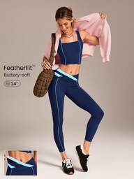 GLOWMODE 24" FeatherFit™ Core Confidence Soft Stretchy Sweat-Wicking Contrasting Color Crossover Waist Leggings Yoga Pilates Studio Daily Casual Wear