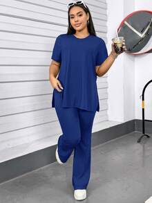 SHEIN Essnce Damen Mode Große Größen Frühling und Sommer Lässiger Sport Komfort Hoch Elastisch Schwarz Grundlegender Stil mit Taschen Tägliches Kurzarm T-Shirt und Hose Zweiteiler Set, Flughafen Outfit für Damen, Hosenanzug, Streetwear, Kirchenkleidung für Damen, Loungewear für Damen, Y2K Kleidung, Sommer Outfits für Damen - Königsblau - Übersicht 6