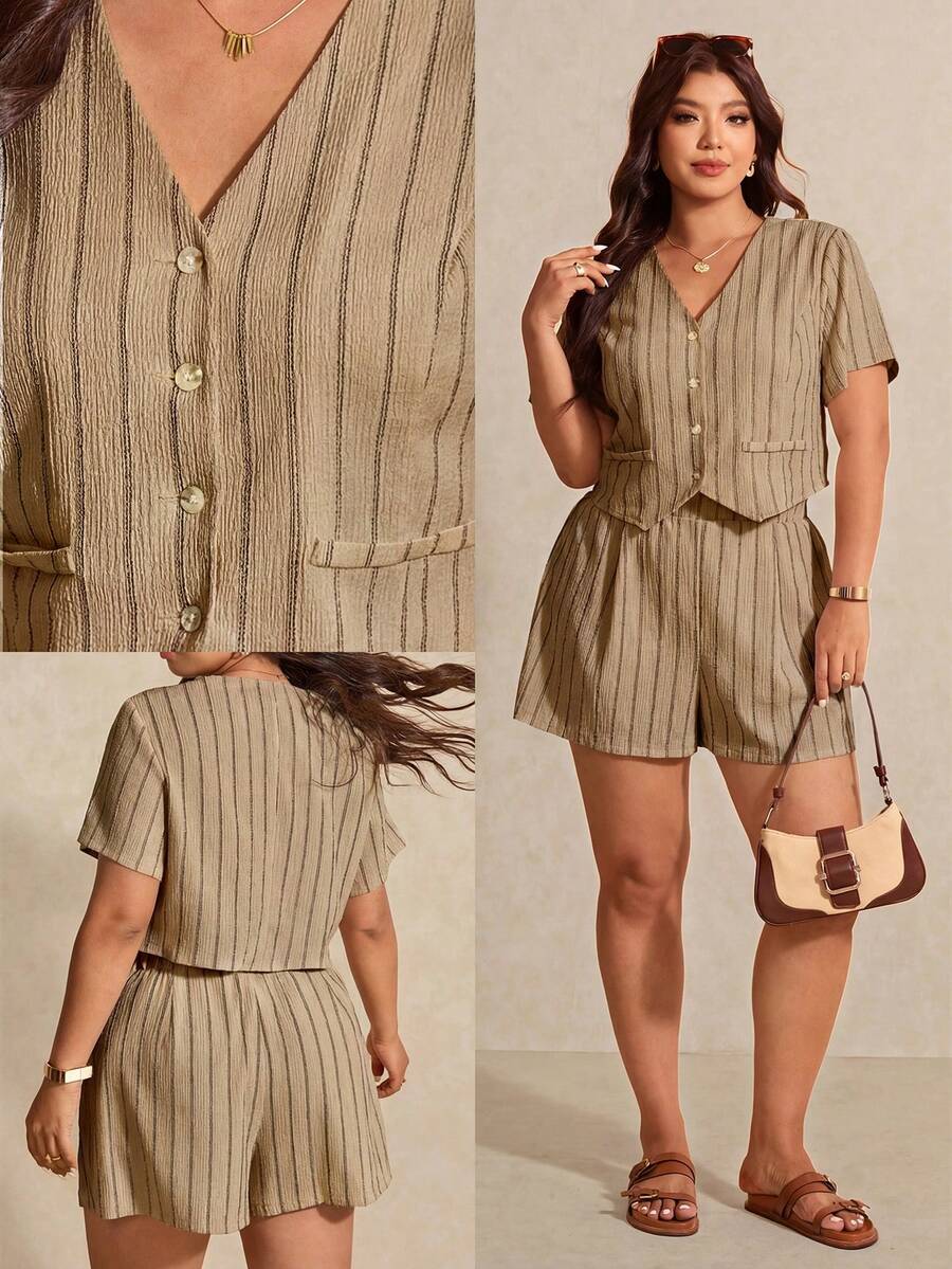 Elaquor Plus Size Casual Striped Shirt And Shorts 2 Pieces Set - Khaki - View 1