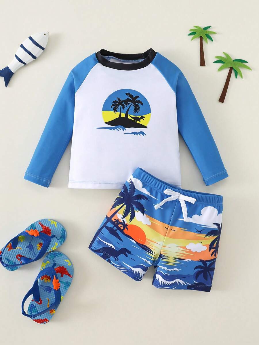 SHEIN 2pcs Baby Boy Summer Casual Swimsuit Set, Including Swim Top And Swim Trunks, Suitable For Beach, Pool, Hot Spring Swimming Holiday - Multicolor - View 1