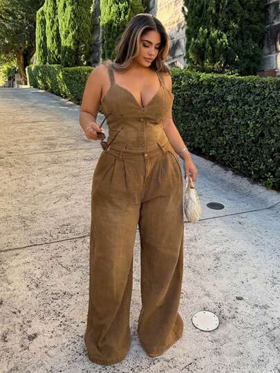 Dazy Plus Conjunto de Top com Decote em V Lavada e Desgastada e Calça Denim Reta Casual, Estilo de Rua, Marrom, Plus Size, Primavera/Verão