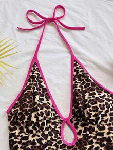 Soleia Bộ jumpsuit nữ dáng ôm vừa vặn, cổ chữ V, buộc nơ phía trước, khoét lỗ, viền phối màu tương phản, thích hợp cho tiệc tùng, hẹn hò, trà chiều, đi biển. - Màu Hồng Tươi - Xem 5