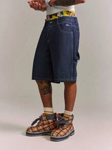 CRAVYNX Men's Casual Streetwear Multi-Pocket Striped Blue Denim Cargo Shorts - Dark Wash - View 5
