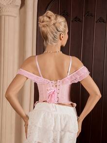 Myrelith Women's Retro Sweet Lace,Elegant Detachable Shoulder Strap Corset Top With Tie Back And Ruffle Hem,Pastoral Girly Style,1 Piece - Pink - View 2