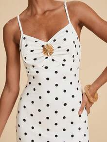 Travachic Women's Summer Fashion Vacation Style White With Black Polka Dots Floral Print Metal Decor Ruched Maxi Slip Dress Vacation French Tropical - White - View 9