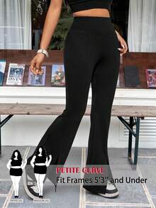 SHEIN PETITE CURVE 大码女式黑色针织喇叭裤，带开衩 - 黑色 - View 1