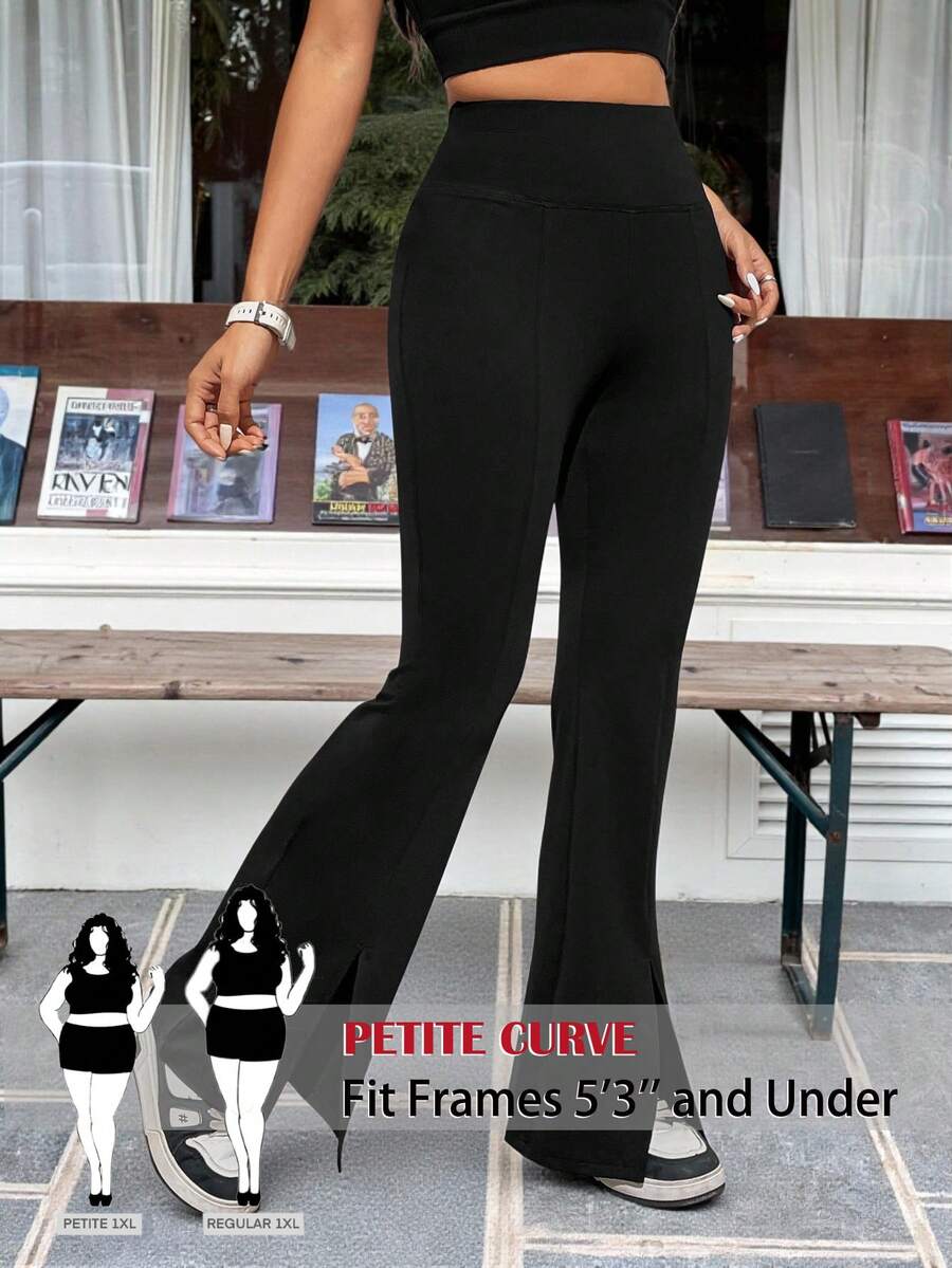 SHEIN PETITE CURVE 大码女式黑色针织喇叭裤,带开衩 - 黑色 - View 1