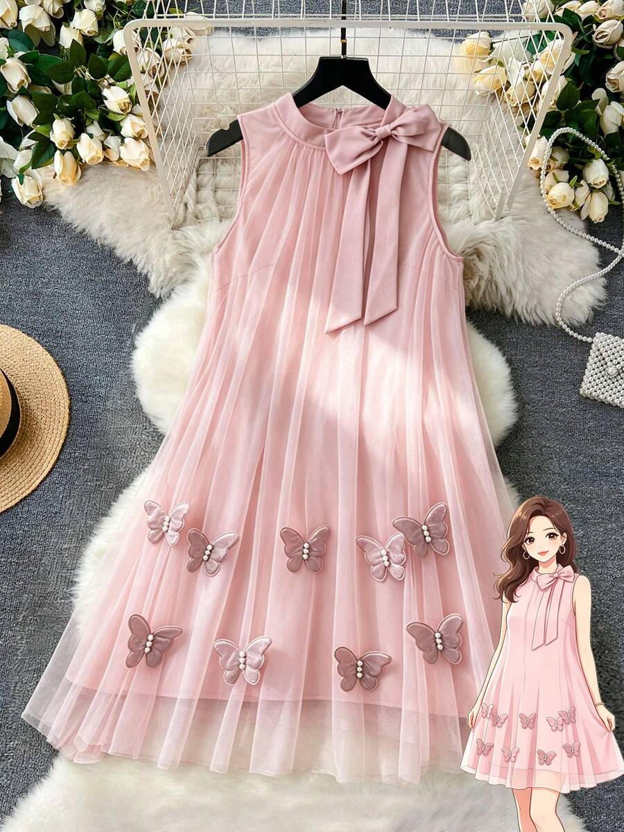 GlowEve CURVE Đầm lưới 3D hình bướm dáng yếm cho nữ cỡ lớn, kiểu dáng nữ tính, lãng mạn, thanh lịch, thích hợp cho buổi hẹn hò, kèm nơ thắt cổ. - Hồng - Xem 1