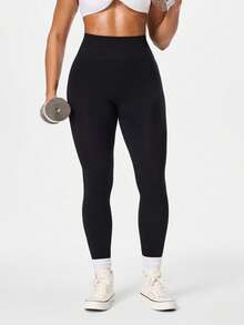Seamluxe SHEIN Sport 女士纯色高腰弹力修身运动紧身裤 - 黑色 - 查看 3