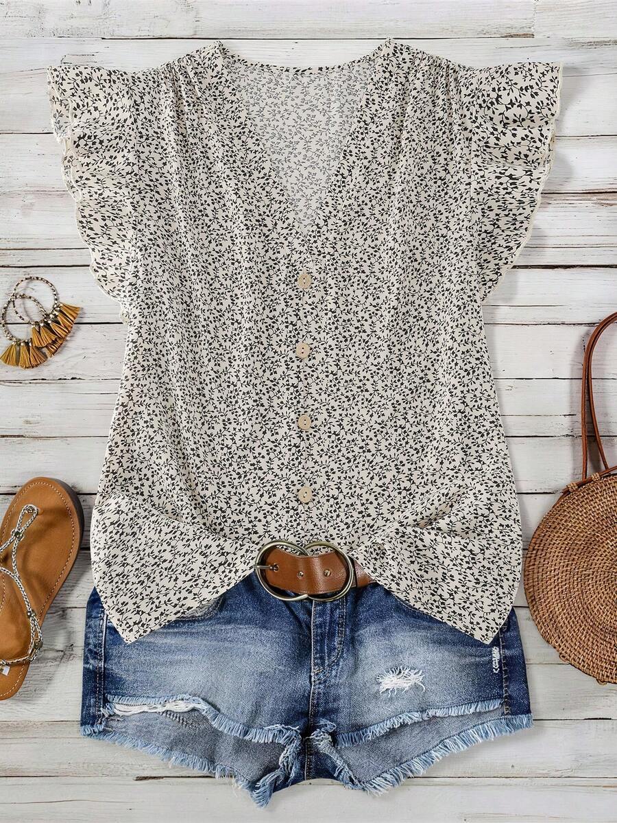 SHEIN Clasi Plus Size Summer Casual Boho Ditsy Floral V-Neck Button Decor Ruffle Hem Blouse Vacation White - Khaki - View 1