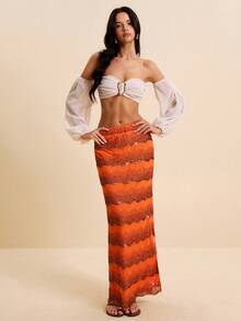 LOTSLUV Saia feminina Resort laranja com textura de miçangas, barra ondulada e corte em A com fenda. - Laranja - Ver 4