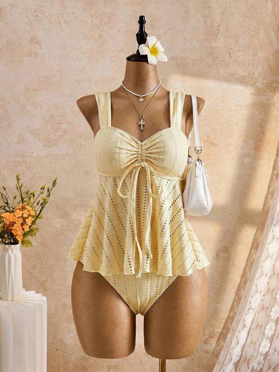 Bellisia 26SS Spring/Summer Beach Vacation Cute Butter Yellow Jacquard Embroidery Camisole Bikini Set Tropical - Yellow - View 1