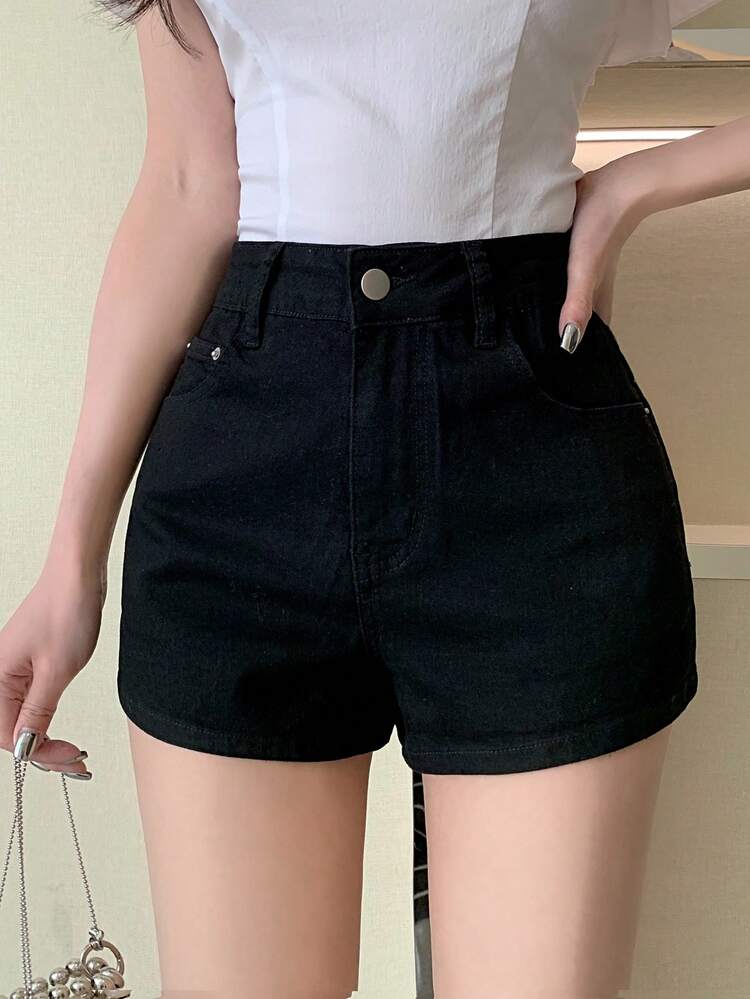 Women's High Waist Pockets Casual Versatile Denim Shorts Summer