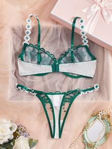SHEIN 两件套女士内衣套装，含水溶性刺绣蕾丝 - 墨綠色 - 查看 2
