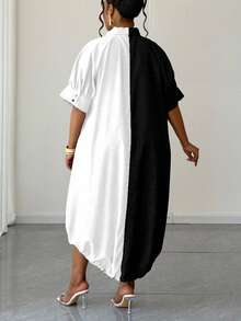 Maweii Plus Size Color Block Button Front Drawstring Hem Lantern Dress - Black and White - View 2