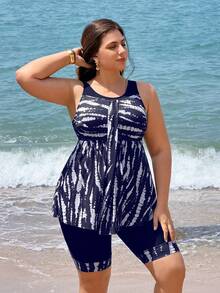 Swim Lushoire 2026 Nouvel ensemble de maillot de bain tankini deux pièces pour femmes grande taille, tankinis dos nu avec jupe, patchwork noir unicolore et imprimé numérique, convient pour la plage, les fêtes, les vacances - Bleu marine - Voir 4
