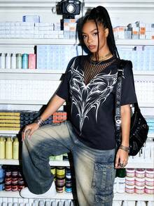 Slouenne Slouenne New Spring/Summer Loose Mesh Patchwork Pattern Design Casual Graphic Streetwear T-Shirt For Women Nightout Black - Black - View 1