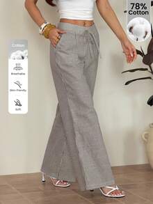 SHEIN PETITE Quần ống rộng cạp thấp kẻ sọc xanh dương dành cho nữ, trang phục thường ngày và đi nghỉ mát mùa thu cho nữ. - màu nâu - Xem 5