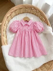 SHEIN LMoss Kids 女嬰編織條紋泡泡袖休閒領口襯衫洋裝 - 粉色 - 查看 2