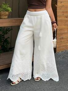 Dazy Plus Plus Size Women's White Vacation Style Wide Leg Pants With Contrast Lace, Casual Long Trousers For Spring And Summer - White - View 6