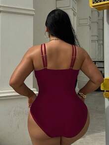 Swim SXY Plus Size Women's Leopard Print Deep V-Neck Sexy Beach Vacation One-Piece Swimsuit - Burgundy - View 2