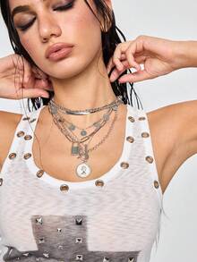 ROMWE Grunge Punk Bộ 3-6 chiếc vòng cổ kim loại thời trang thanh lịch cổ điển hình đồng xu, chân dung, thánh giá, ổ khóa, mặt dây chuyền rỗng, phong cách Y2K cá nhân hóa, phù hợp cho phụ nữ, nam giới, các cặp đôi, mùa thu/đông, kỳ nghỉ, tiệc tùng, đám cưới, đeo hàng ngày - Bạc - Xem 2