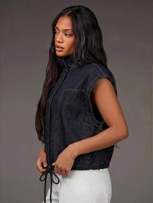 Athîral Denim 女士立领短袖休闲宽松牛仔外套 - 黑色 - 查看 5