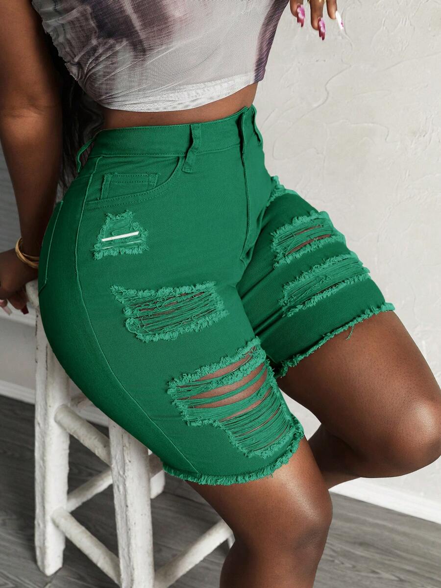 Slaydiva Women's Solid Color Distressed Slim Fit Denim Shorts - Green - View 1