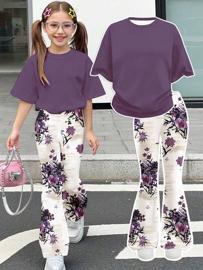 2pcs Tween Girls Casual Solid Color Short Sleeve T-Shirt & Floral Print Pants Set, Suitable For Summer