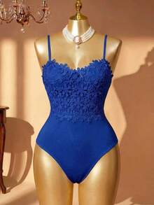 Rometta Plus Size Women Elegant Floral Lace Bodysuit - Blue - View 3