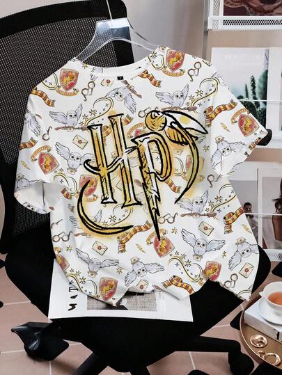 HARRY POTTER X SHEIN Women's Letter Print Round Neck Short Sleeve Casual T-Shirt,