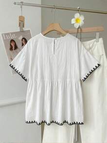 SHEIN EZwear Áo babydoll nữ màu trắng dệt từ cotton lanh, chất liệu 100% cotton, kiểu dáng thường ngày, thích hợp cho trang phục mùa hè của nữ. - Nhiều màu - Xem 2