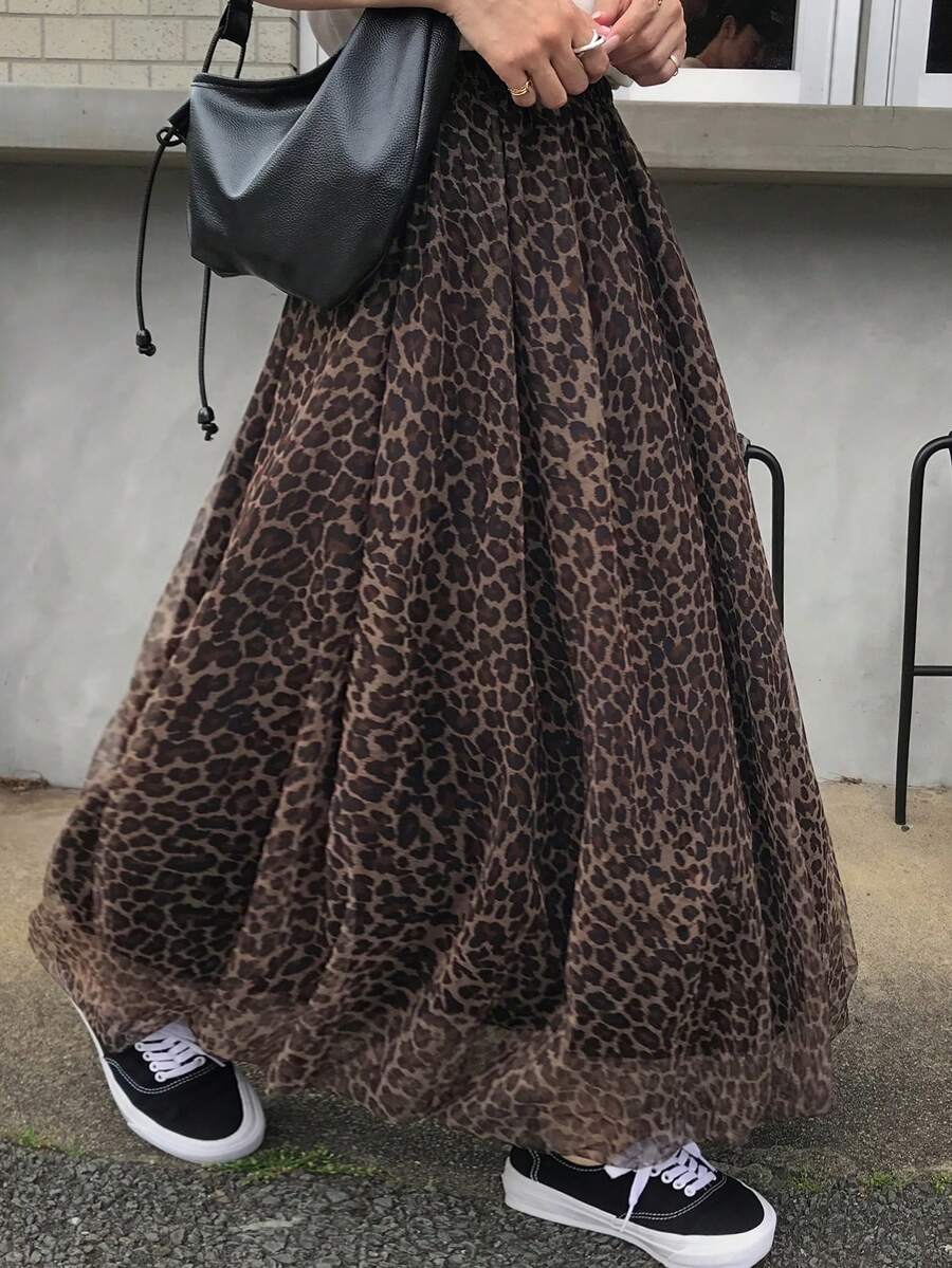 FRIFUL Women's Summer Leopard Print Sheer Mesh Skirt - Brown - View 1