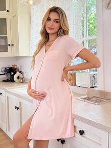 Moonlight&Mama Maternity Loungewear - V-Neck Front Button 3/4 Sleeve Midi Dress - Dusty Pink - View 4