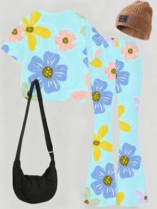1 Conjunto Camisa de Manga Curta com Estampa Floral e Calça Flare para Meninas, Fofo e Doce, Versátil para Uso Diário e Passeios - Multicolorido - Visão 2