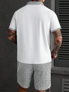 Manfinity CasualCool 男士条纹撞色纽扣半开襟 Polo 衫和抽绳腰带口袋短裤套装 - 彩色 - 查看 2