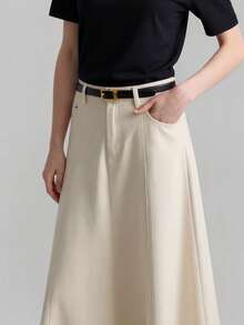 Ontre Falda midi de línea A minimalista de color albaricoque para mujer, primavera/verano 2026, uso diario casual, estilo minimalista retro, para ir a la ciudad, elegancia sencilla - Albaricoque - Ver 5